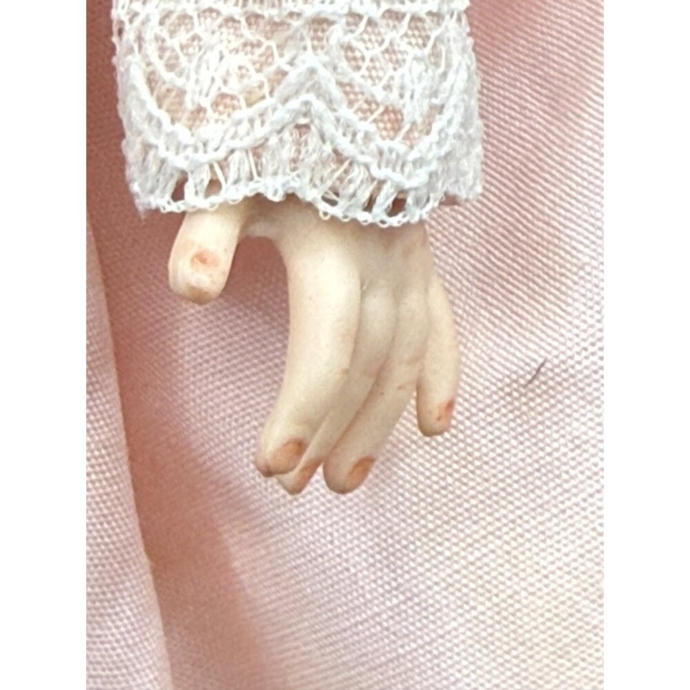 Vintage Porcelain Articulated Limbs Doll Red Hair In Pink Dress MARKED T.J. - Picture 5 of 8